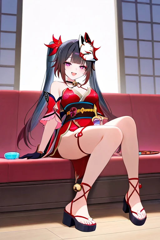 masterpiece, High quality, Ultra detailed, 2d, newest, absurdres, highres, BREAK
1girl, solo, <lora:sparkle_v1_LISETTElora:0.8>, hdsparkle, twintails, bell, black hair, mask on head, fox mask, purple eyes, makeup, smile,
medium breasts, sparkledef, bare shoulders, detached sleeves, black choker, criss-cross halter, halterneck, short kimono, red dress, black sash, obi, single glove, black gloves, pelvic curtain, thigh strap, platform footwear, sandals, okobo,
sitting, full body, looking at viewer, crossed arms, open mouth,