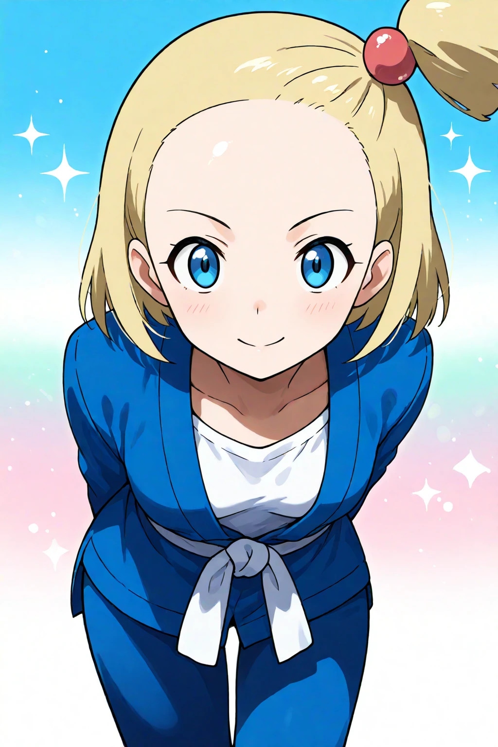 2d, masterpiece, best quality, amazing quality, 1girl, solo, close-up, standing, smile, upper body, leaning_forward, looking at viewer, multicolored background, sparkle, gradient background, colorful background, color splashes, battlegirlxy, blue eyes, short hair, blonde hair, one side up, hair bobbles, forehead, dougi, white shirt, blue jacket, long sleeves, white sash, blue pants
