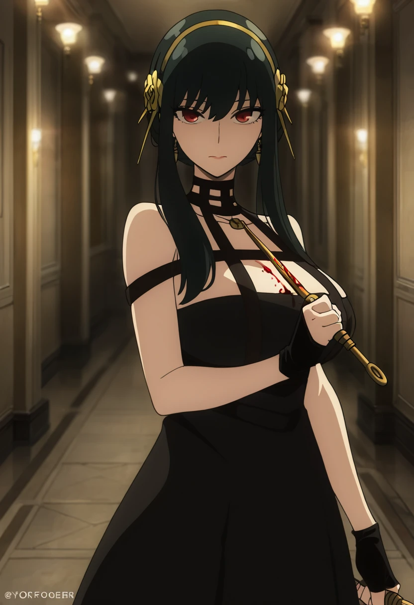 masterpiece, best quality, good quality, very awa, newest, highres, absurdres,outdoors,YorForger-SpyxFamily,Yor Forger \(Spy x Family\), 1girl, solo, long hair, breasts, looking at viewer, bangs, large breasts, black hair, hair ornament, red eyes, gloves, dress, holding, bare shoulders, jewelry, closed mouth, weapon, flower, sidelocks, hairband, earrings, black gloves, indoors, hair flower, fingerless gloves, holding weapon, blood, rose, knife, blood on weapon, holding dagger, hallway, gold earrings, watermark, serious, black outfit, holding golden stilettos, golden stilettos
,<lora:Yor Forger (Spy x Family) Illustrious v3:0.8>