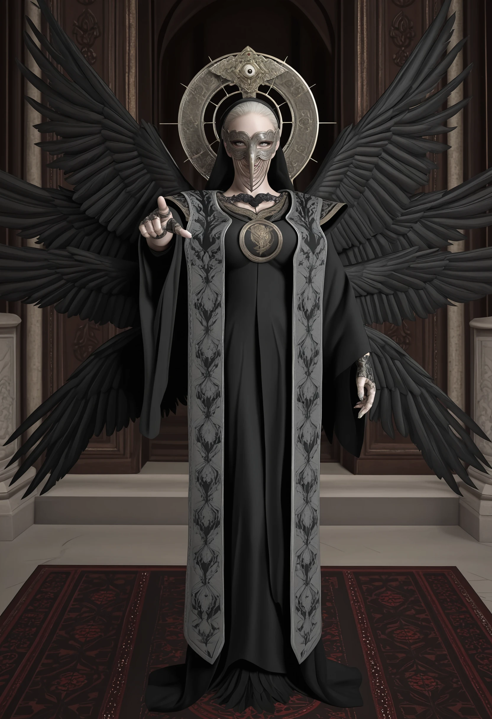 masterpiece, best quality, amazing quality, very aesthetic, absurdres, newest, <lora:MotherMirandaRE8ILf:1> m0tilf, 1girl, white hair, grey eyes, veil, halo behind head, wings, robe, mask, gloves, full body, standing, pointing at viewer,