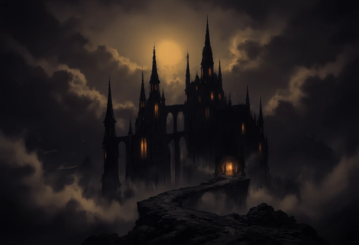Au_cncpt. The image is a digital drawing in a dark, atmospheric, Gothic style, depicting a mystical, eerie castle or fortress set in a misty, moonlit landscape. The structure is a sprawling, dark silhouette with intricate, pointed spires and towers, evoking a medieval or fantasy architectural theme. The castle is shrouded in a thick, swirling fog that obscures the lower parts of the structure, giving it an ethereal, ghostly appearance.
The towers and walls are adorned with numerous, glowing windows, casting a soft, warm light that contrasts with the dark, ominous silhouette of the castle. The light is a deep, warm yellow, which seems to emanate from within the structure, adding a sense of mystery and intrigue.
The sky above is filled with dark, stormy clouds that are illuminated by a muted, yellowish moon or possibly a lantern light, casting long, eerie shadows across the scene.