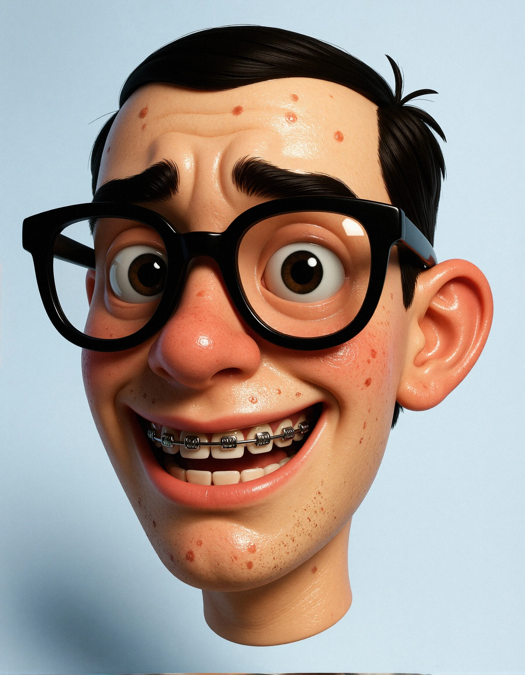 h3adfl0at 3D floating head nerd man with braces, big ears, acne, and thick rimmed glasses, the optics of the lenses make his eyes look big. 