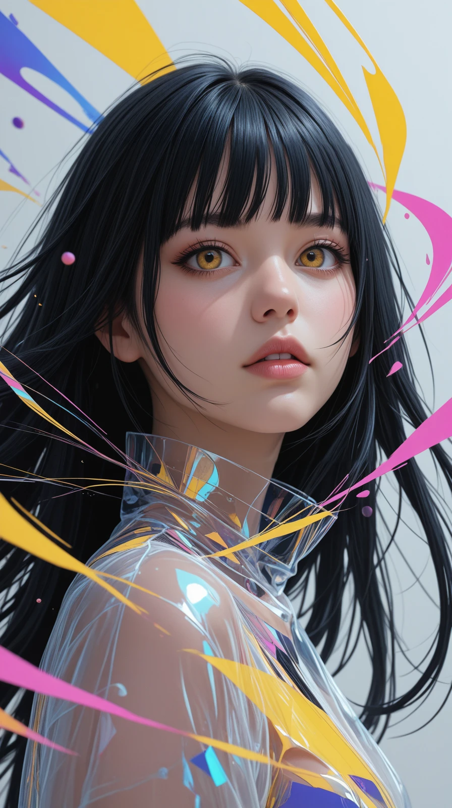 masterpiece, detailed_eyes, high_quality, best_quality, highres, absurdres, 8k,  female, moody lighting, blue and yellow color palette, simple background, side view, looking at viewer, dynamic angle, floating ribbons, black_hair, pink highlights, translucent clothing, zigzag bangs, motion lines, particle effects, glitch overlay, abstract brushstrokes, diagonal_angle