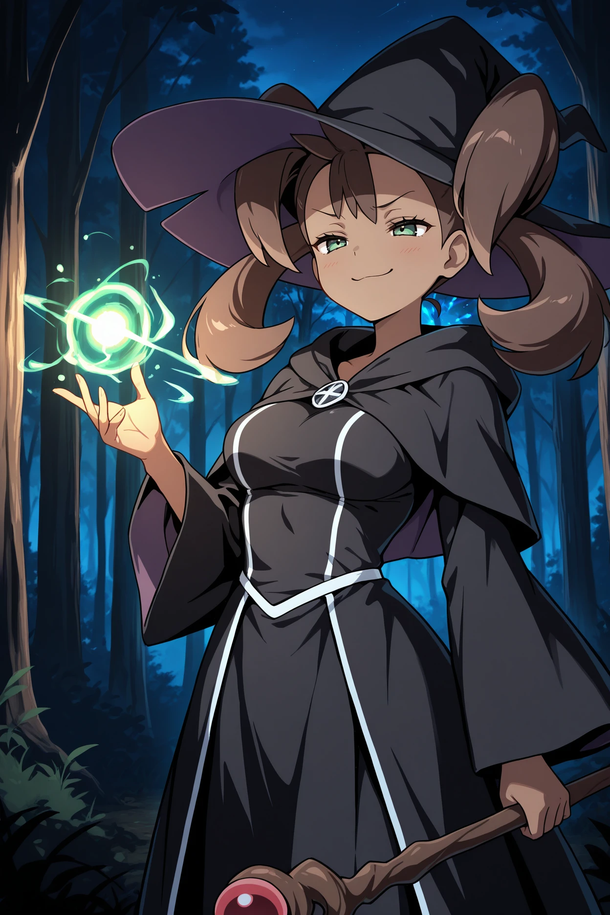 masterpiece, best quality, 1girl, solo, <lora:shauna-illu-nvwls-v1:1> pmnsn, dark-skinned female, twintails, brown hair, long hair, green eyes, medium breasts, black robes, wide sleeves, holding wizard's staff, witch's hat, night, forest, casting magic, smug