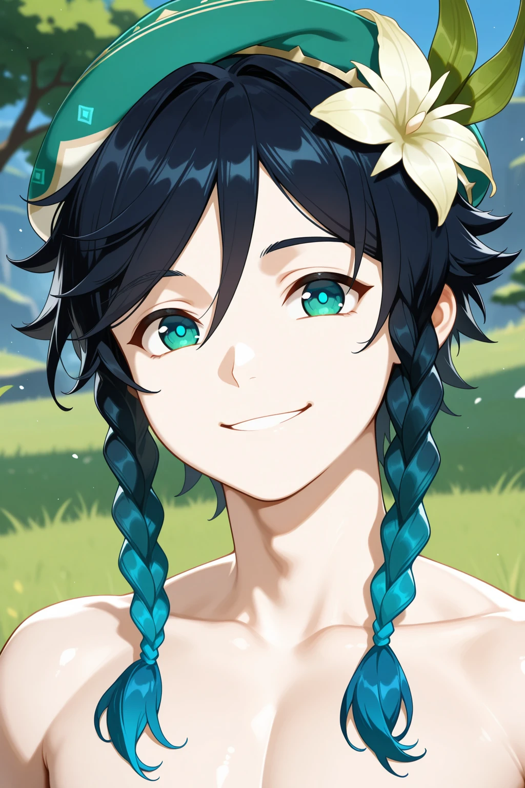<lora:CCD-IL-000009:0.8>,CCD,venti \(genshin impact\), genshin impact,1boy, green eyes, black hair, gradient hair, blue hair, short hair with long locks, twin braids, hair flower, green headwear,looking at viewer,smile,flower,portrait,bara,male focus,very awa,masterpiece,best quality,amazing quality,nsfw,uncersored,highres,best quality,amazing quality,best aesthetic,absurdres,