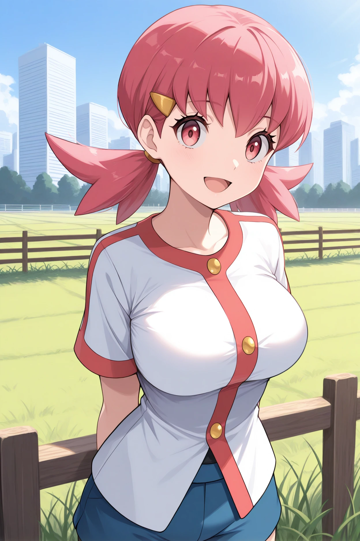 masterpiece, best quality, 1girl, solo, <lora:whitney-illu-nvwls-v1-000006:1> pkwtn, pink hair, low twintails, pink eyes, eyelashes, large breasts, gold hairclip, white shirt, buttons, short sleeves, blue shorts, shorts shorts, upper body, smile, happylooking at viewer, fence, field, grass, blue sky, city, open mouth, arms behind back