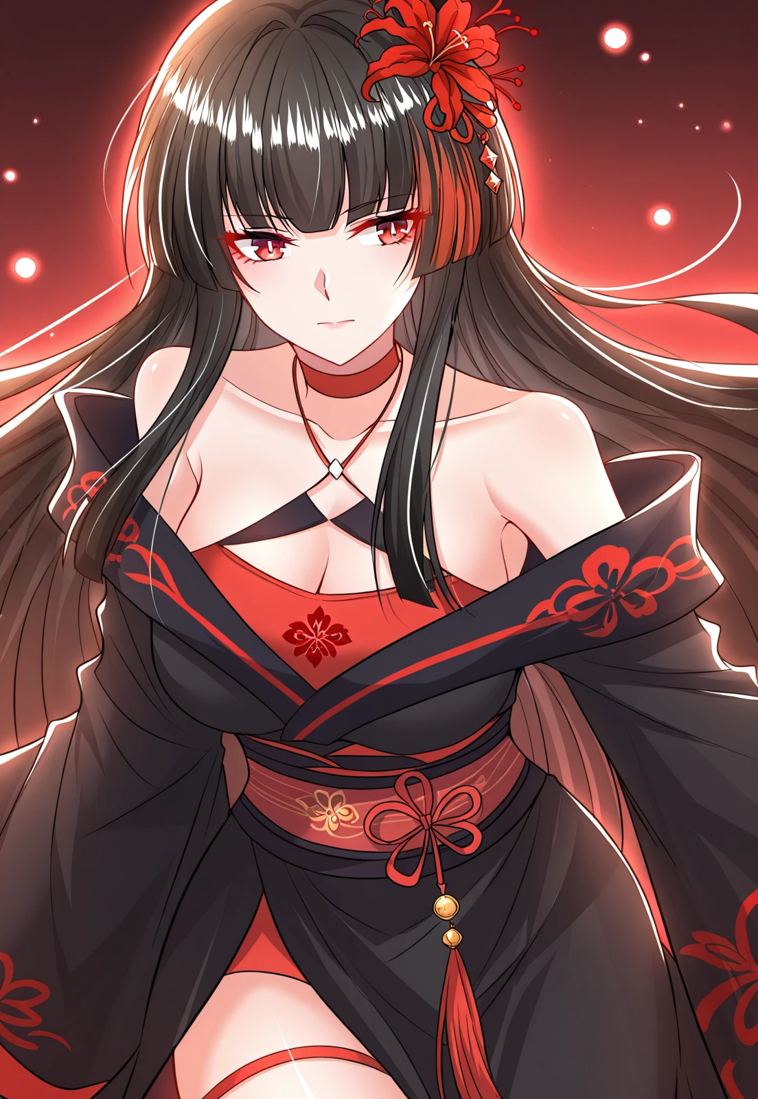 A beautiful girl with long black hair and large breasts in a luxurious black kimono with red spider lilies and white skeletons.