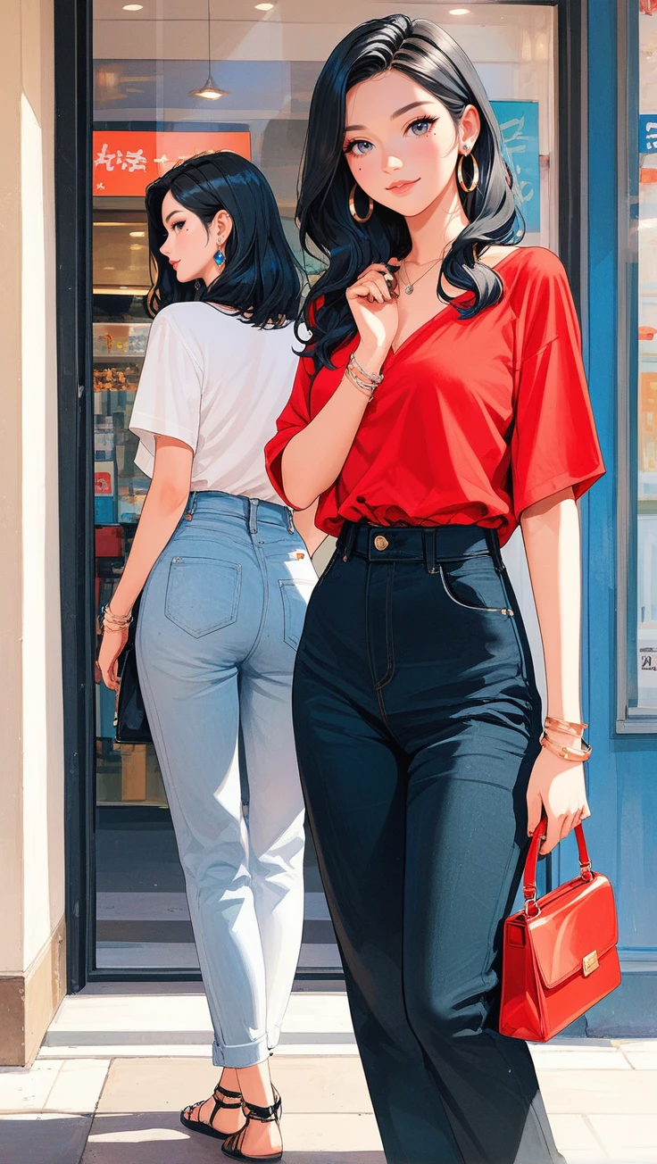 score 9, score 8 up, score 7 up, jewelry, black hair, earrings, bracelet, 1girl, bag, shirt, looking at viewer, mole, pants
