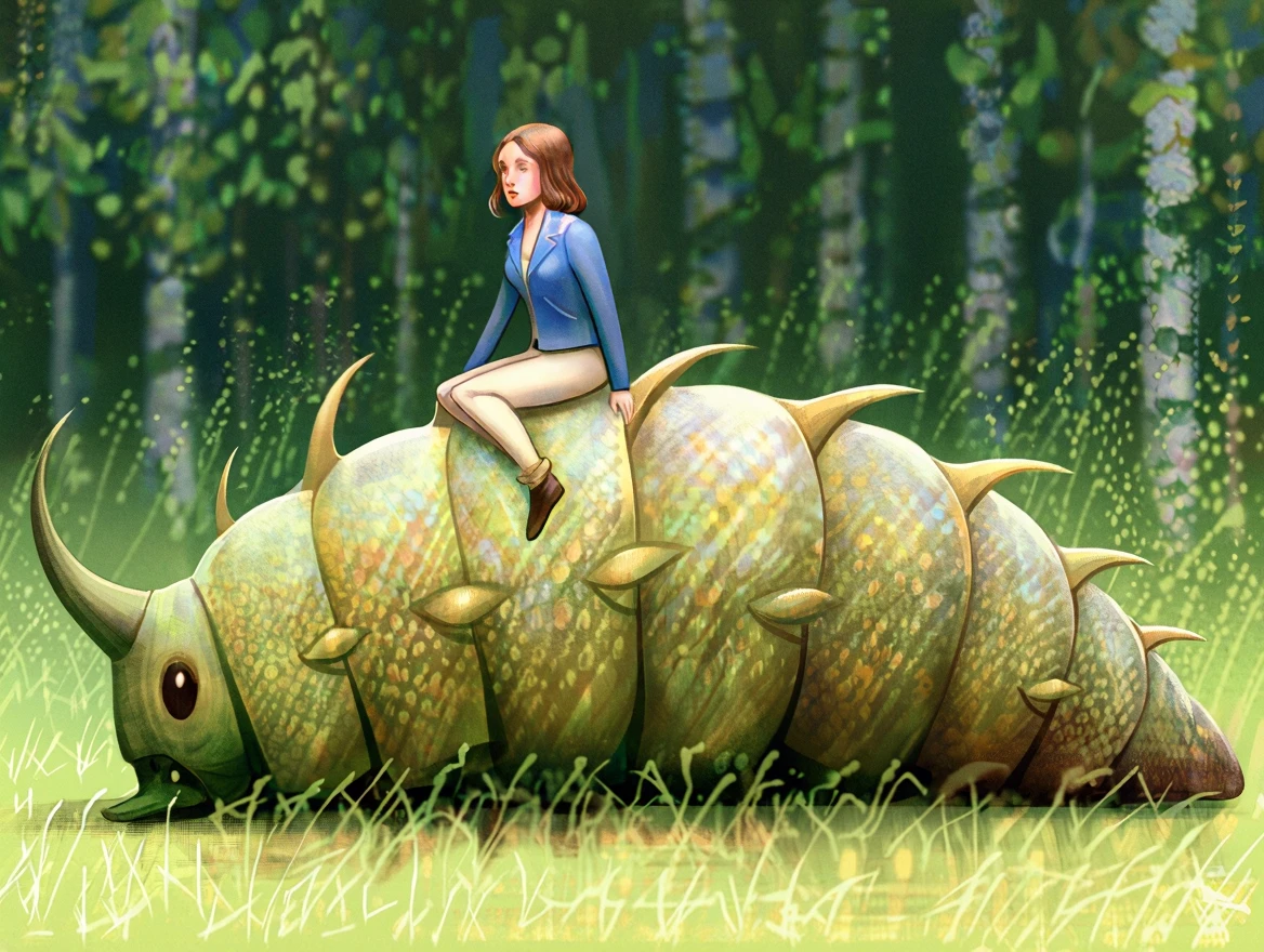 Seb Mckinnon illustration style. Illustration of a giant catepillar like creature. The creature has a hard exoskeleton. There is a woman wering a blue jacket and beige trousers. She is riding on top of the creature.