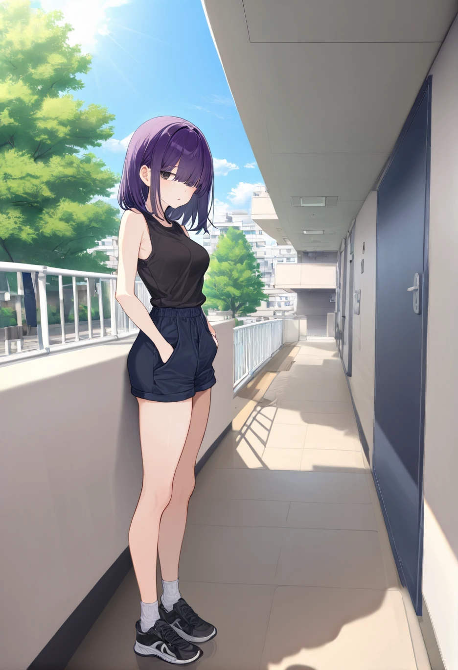 great quality,1girl,solo,almic,(akakura,ogipote,:0.75),,,,(apartment door,:1.1),great quality, brown ground, 1girl,, hallway, looking at viewer,from side,,Standing with hands in pockets,side view,sumg,dark purple hair,long hair,hair over eyes,bags under eyes,puffy lips,medium hair,long bangs,black eyes,wide hip,narrow waist,parted breasts,medium large breasts,,Jodhpurscasual,fashion,full body,scenery, shoes,socks.legs, ,wall,outdoors,sky,tree,railing,shadow,sunlight, <lora:Apartment_Door_19_Animagine:0.9>