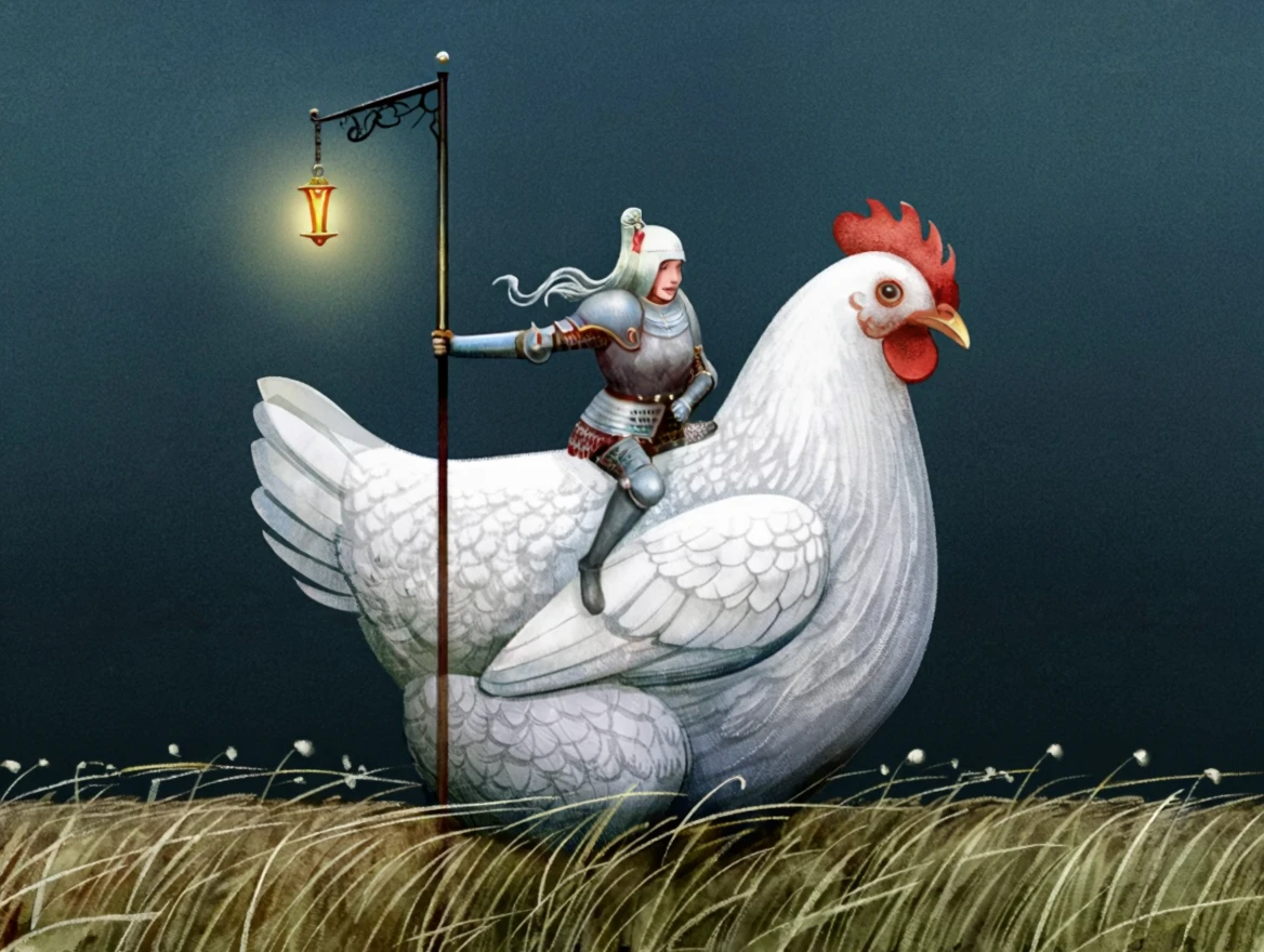 Seb Mckinnon illustration style. A female knight riding a giant white chicken. The female knight has a lantern on a long pole and her arms are wrapped around the chickens neck. The foreground is a grassy march.