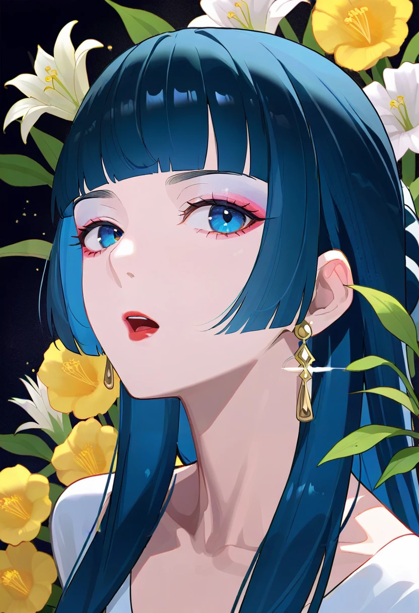 1girl, flower, solo, jewelry, earrings, long hair, bangs, blue eyes, blunt bangs, yellow flower, looking at viewer, makeup, black background, blue hair, collarbone, eyeshadow, portrait, open mouth, white flower, floral background <lora:dridXL_il1_lokr_V6311P:0.95>