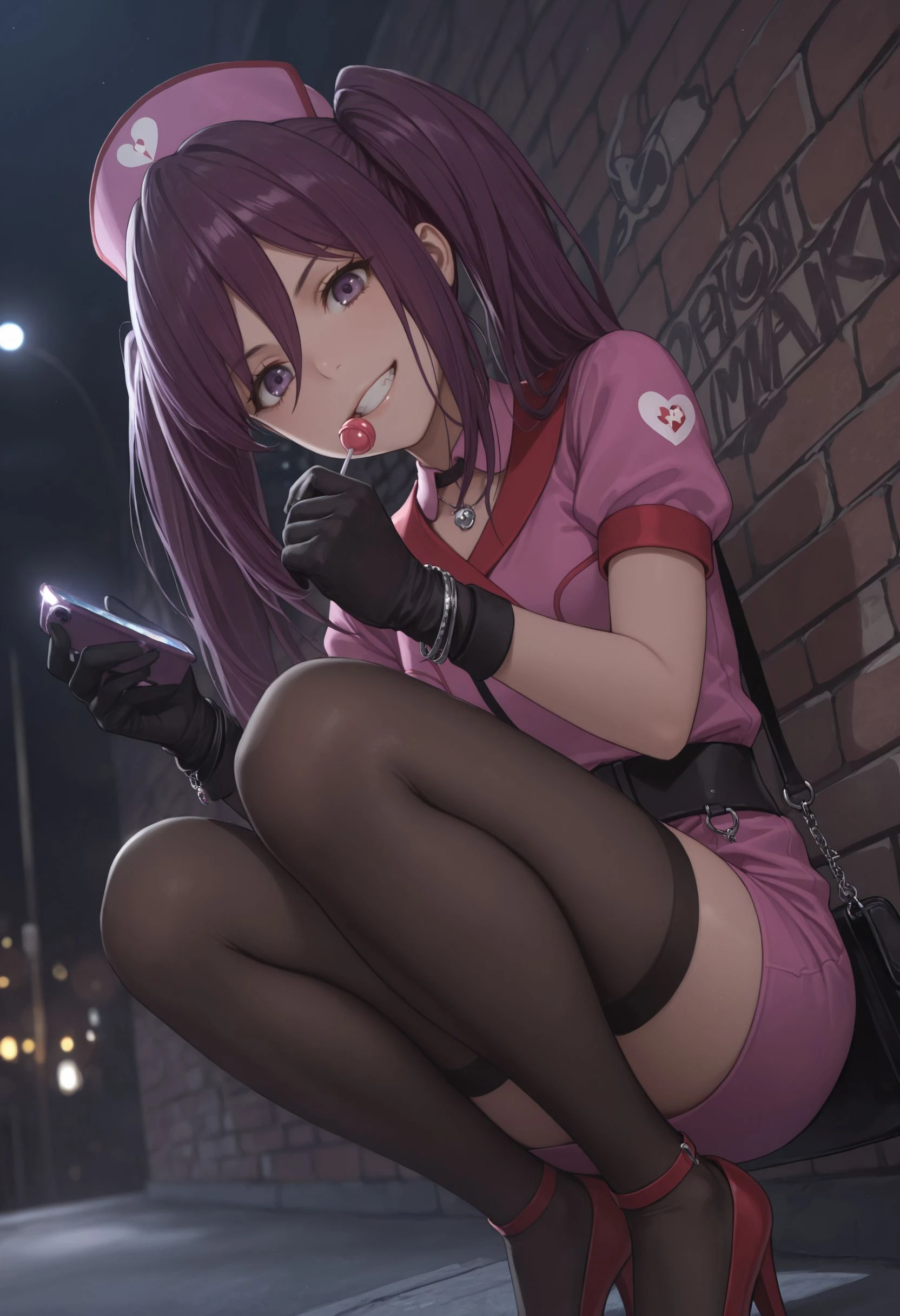 masterpiece,best quality,absurdres,highres,very aesthetic,high quality,detailed,insanely detailed,beautiful,perfect lighting, ,depth of field,blurry background,bokeh, looking at viewer,
grin, squatting, brick wall, close up, from below, holding, phone, looking at viewer, lollipop, 1girl, solo,graffiti, night, darkness, head tilt,
very aesthetic, , very awa , <lora:Mitori Kouzaku illu V2:1> 1girl, twintails, purple hair, long hair, hair between eyes, purple eyes, hat, nurse cap, black gloves, jewelry, bracelet, dress, belt, short sleeves, black thighhighs, zettai ryouiki, high heels, handbag,
