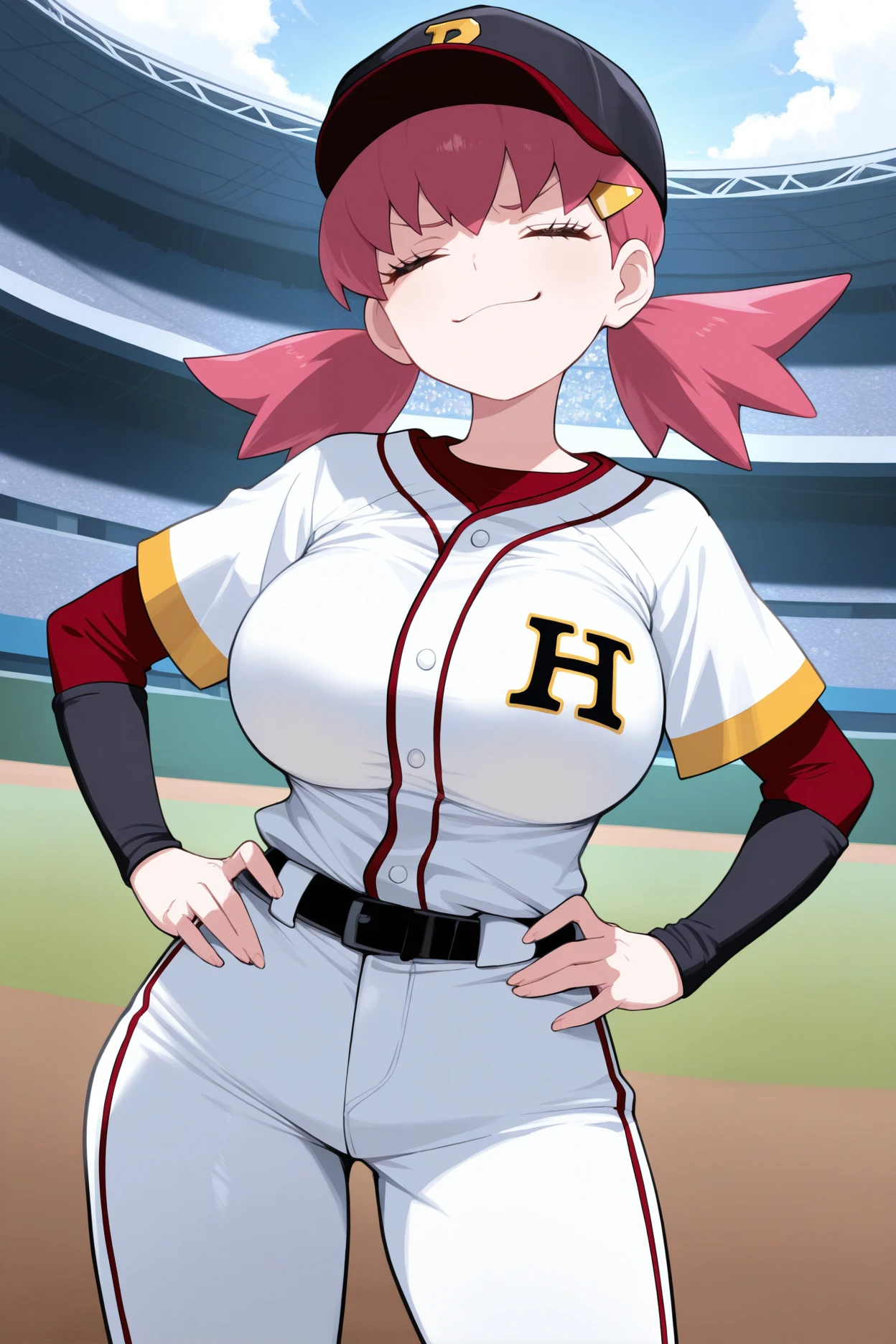 masterpiece, best quality, 1girl, solo, <lora:whitney-illu-nvwls-v1-000006:1> pkwtn, pink hair, low twintails, eyelashes, large breasts, gold hairclip, baseball cap, closed eyes, smug, baseball uniform, white pants, hands on hips, stadium