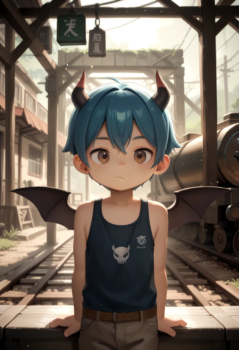 1boy, type_i, aku, 1boy, horns, blue hair, standing, tank top, pants, upper body,looking at viewer, brown eyes, wings, mineshaft,railroad, working, <lora:IL/cutifiedanimecharacterdesign_variant_type_I_IL_v10:1.0>