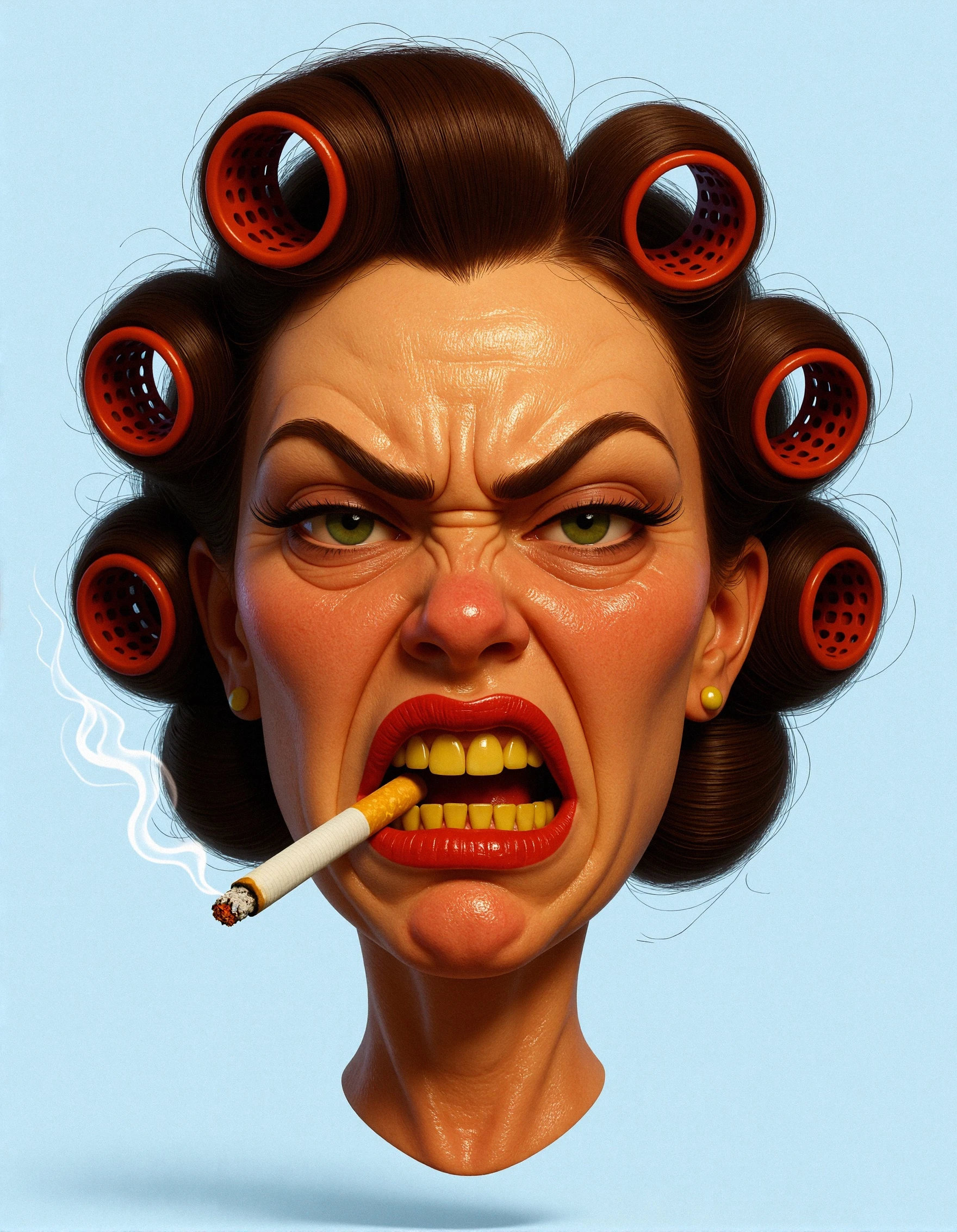 h3adfl0at 3D floating head of a bitter woman with a cigarette resting between her lips, snarl, yellow teeth, curlers in her hair. 