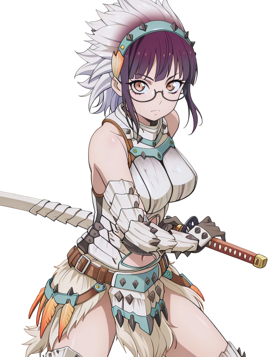 masterpiece, best quality, amazing quality,, <lora:sumika-fujimiya-s1-illustriousxl-lora-nochekaiser:1>, sumika fujimiya, brown eyes, purple hair, braid, glasses, semi-rimless eyewear, under-rim eyewear, mature female, breasts, anime screencap, <lora:barioth-armor-illustriousxl-lora-nochekaiser:1>, barioth armor, armor, barioth (armor), elbow gloves, gloves, hairband, headgear, bare shoulders, navel, navel cutout, mane, fur, white hair, head band, spiky hair, belt,, <lora:battoujutsu-stance-illustriousxl-lora-nochekaiser:1>, battoujutsu stance, looking at viewer, holding, weapon, sword, holding weapon, holding sword, standing, katana, sheath, sheathed, fighting stance, ready to draw, , <lora:transparent-background-illustriousxl-lora-nochekaiser:1>, transparent background, simple background, white background