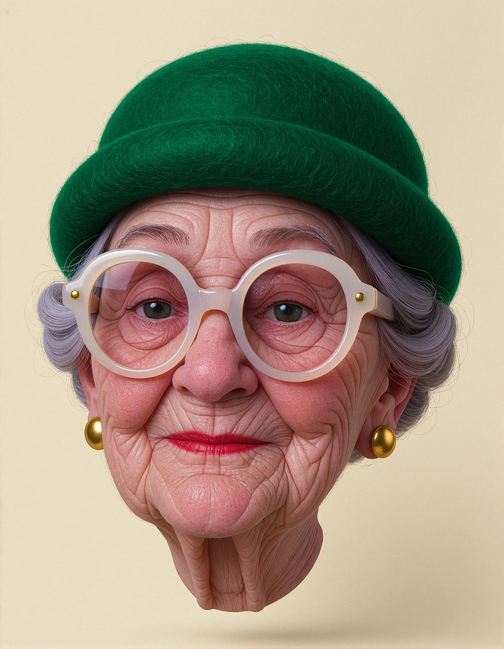 h3adfl0at 3D floating head of a an old woman wearing a green felted hat and pearl colored horn-rimmed glasses, gold button earrings. 