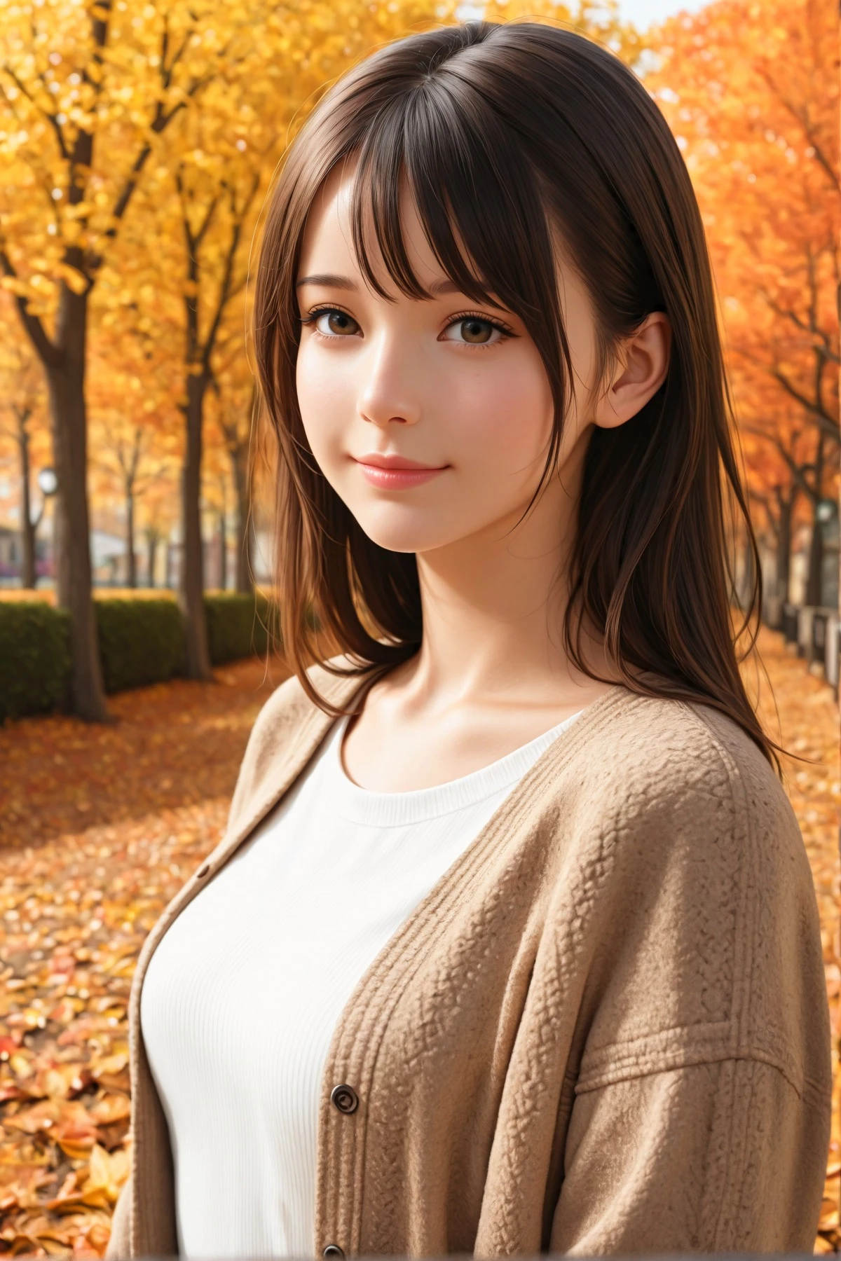 table top, highest quality, One girl, (beautiful girl:1.3), (18-year-old:1.3), very fine resolution, (symmetrical eyes:1.3), (autumn leaves), (long coat:1.2), beautiful breasts, brown eyes, parted bangs, brown hair, girl