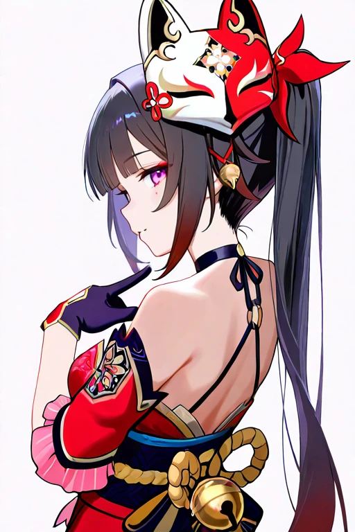 masterpiece, High quality, Ultra detailed, 2d, newest, absurdres, highres, BREAK
1girl, solo, <lora:sparkle_v1_LISETTElora:0.8>, hdsparkle, twintails, bell, black hair, mask on head, fox mask, purple eyes, makeup,
medium breasts, sparkledef, bare shoulders, detached sleeves, black choker, criss-cross halter, halterneck, short kimono, red dress, black sash, obi, single glove, black gloves, pelvic curtain, upper body, from behind, back,