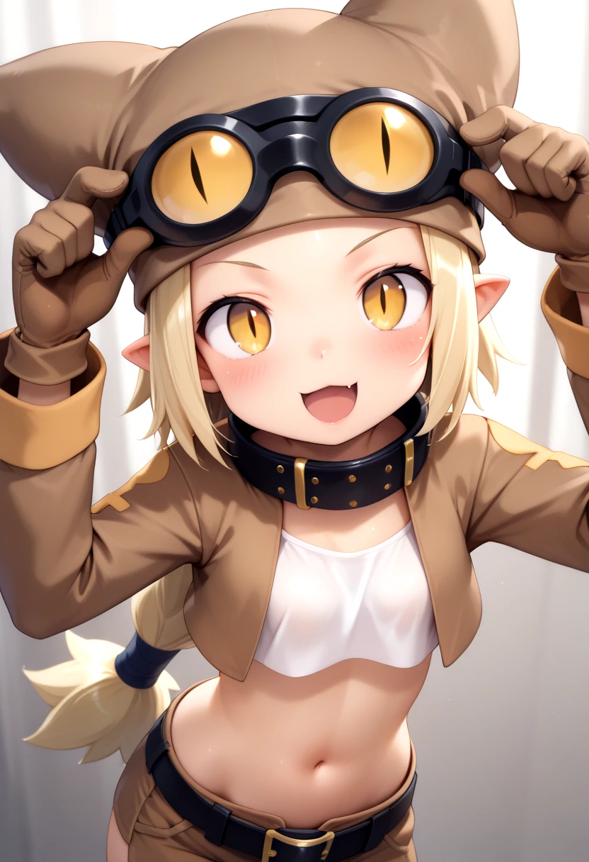 (masterpiece, best quality), 1girl, thief \(disgaea\), yellow eyes, blonde hair, pointy ears, long hair, goggles, hat, belt, blush, brown gloves, gloves, looking at viewer, shirt, slit pupils, solo, white shirt, fang, blush, looking at viewer, silly pose, <lora:IL/char-thief-disgaea:1.0>