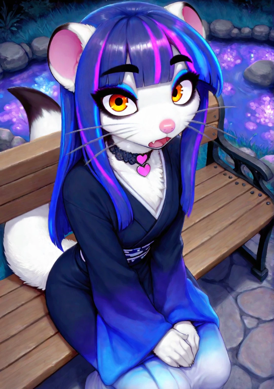 masterpiece,best quality,amazing quality, smari3, 1girl, solo, furry female, pink nose, whiskers, shiny hair, white fur, amber eyes, eyeshadow, eyeliner, thick eyebrows, (long hair, hime cut, sidelocks, blue hair, violet hair, streaked hair, cyan streaks, violet streaks, highlights), white body fur, body fur, weasel tail, black ear tips, white tail, black tail tip, heart choker, paws, small claws, skinny, narrow waist, gradient kimono, v arms, hands together, tail up, from above, wide eyed, surprised, open mouth, looking at viewer, sitting, wooden bench, night, rock pond