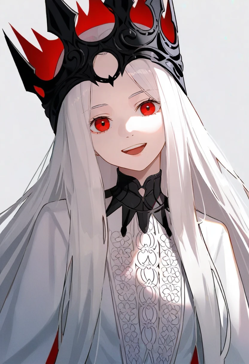 1girl, red eyes, crown, solo, long hair, looking at viewer, smile, white background, white hair, open mouth, dress, simple background, white dress, upper body, long sleeves <lora:dridXL_il1_lokr_V6311P:0.95>