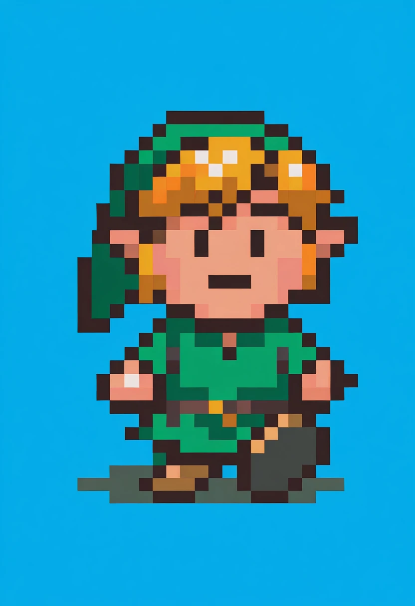 masterpiece, best quality, 1boy, solo, full body, pixel art, chibi, walking, looking at viewer, solid oval eyes, expressionless, closed mouth, blue background, link, green tunic, hat <lora:EarthboundSprites-illu:1>
