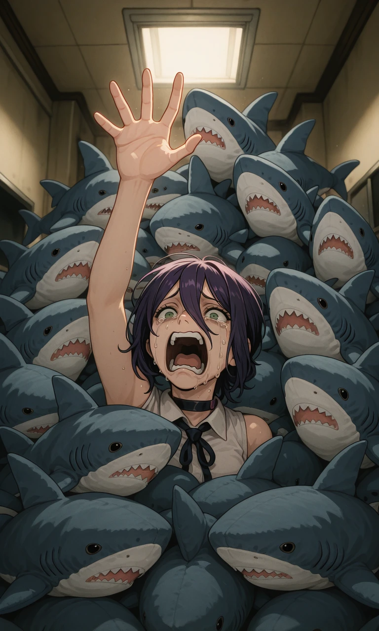 embedding:IllusP0s, scared, reaching, stuffed shark, 1girl, screaming, crying, dramatic, contrast lighting, reze_\(chainsaw_man\), purple hair, green eyes<lora:blahaj swarm_Illustrious.safetensors:1.0:1.0>