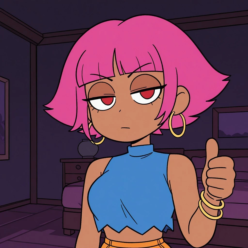 jaggy lines,parody,flat color,humanshannon_boxman,dark-skinned female,short hair,pink hair,blunt bangs,red eyes,no pupils,breasts,jewelry,hoop earrings,bracelet,midriff,blue shirt,crop top,half-closed eyes,closed mouth,thumbs up,looking at viewer,upper body portrait,indoors,dark bedroom