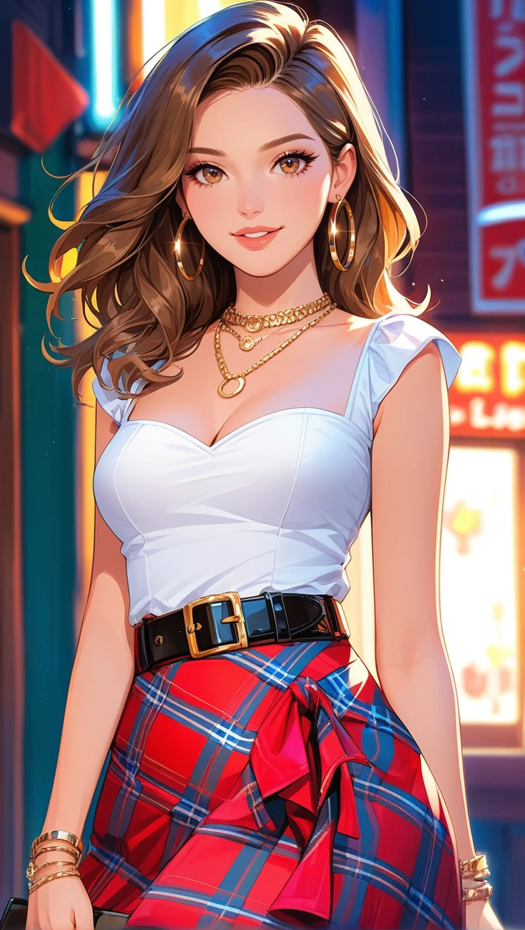 score 9, score 8 up, score 7 up, 1girl, jewelry, skirt, earrings, solo, necklace, breasts, brown eyes, belt, hoop earrings