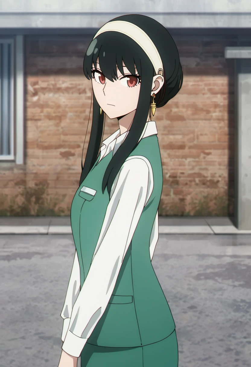 masterpiece, best quality, good quality, very awa, newest, highres, absurdres,outdoors,YorForger-SpyxFamily,Yor Forger \(Spy x Family\), 1girl, solo, looking at viewer, bangs, skirt, shirt, black hair, red eyes, long sleeves, jewelry, closed mouth, white shirt, sidelocks, hairband, earrings, collared shirt, vest, short hair with long locks, white hairband, office lady, green vest, gold earrings, office clothing
,<lora:Yor Forger (Spy x Family) Illustrious v2:0.8>