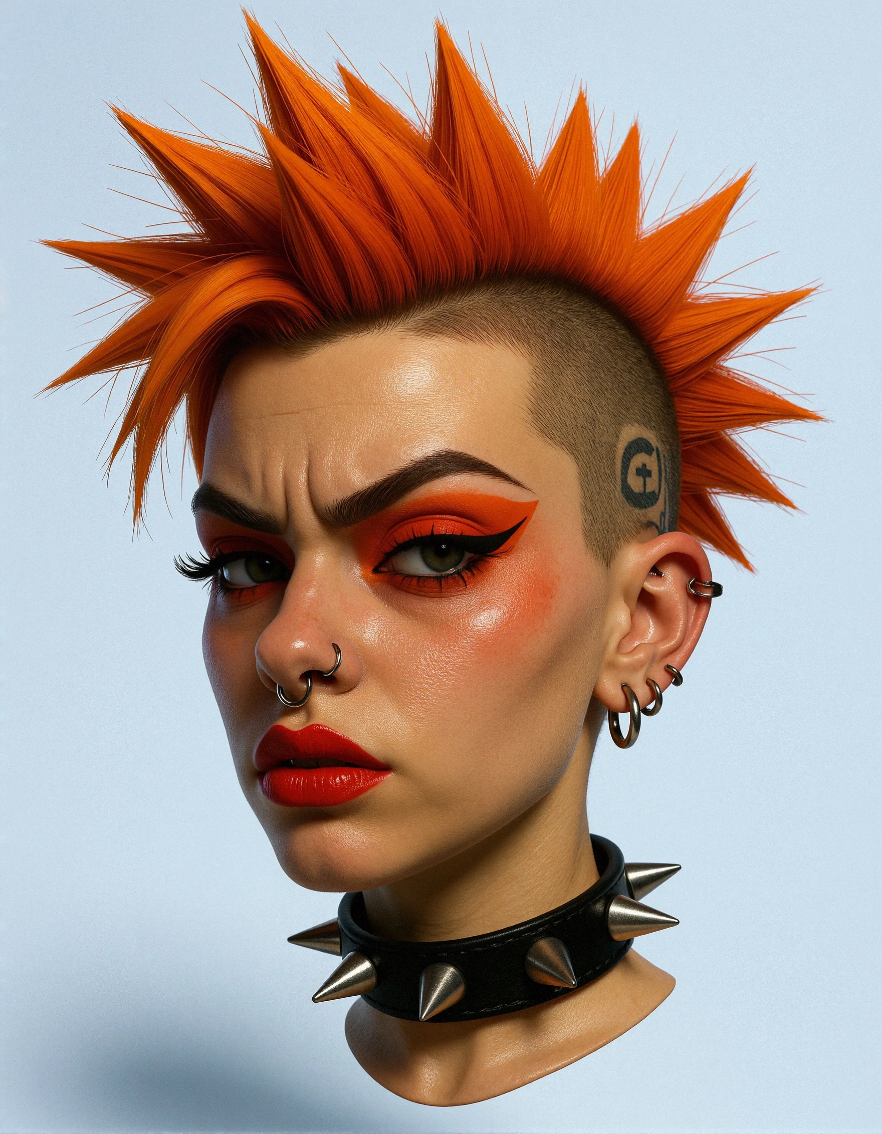 h3adfl0at 3D floating head of a punk woman orange spiked hair. 3 piercings on her ear, one septum ring piercing. Stubble, leather spike collar, red eye shadow.