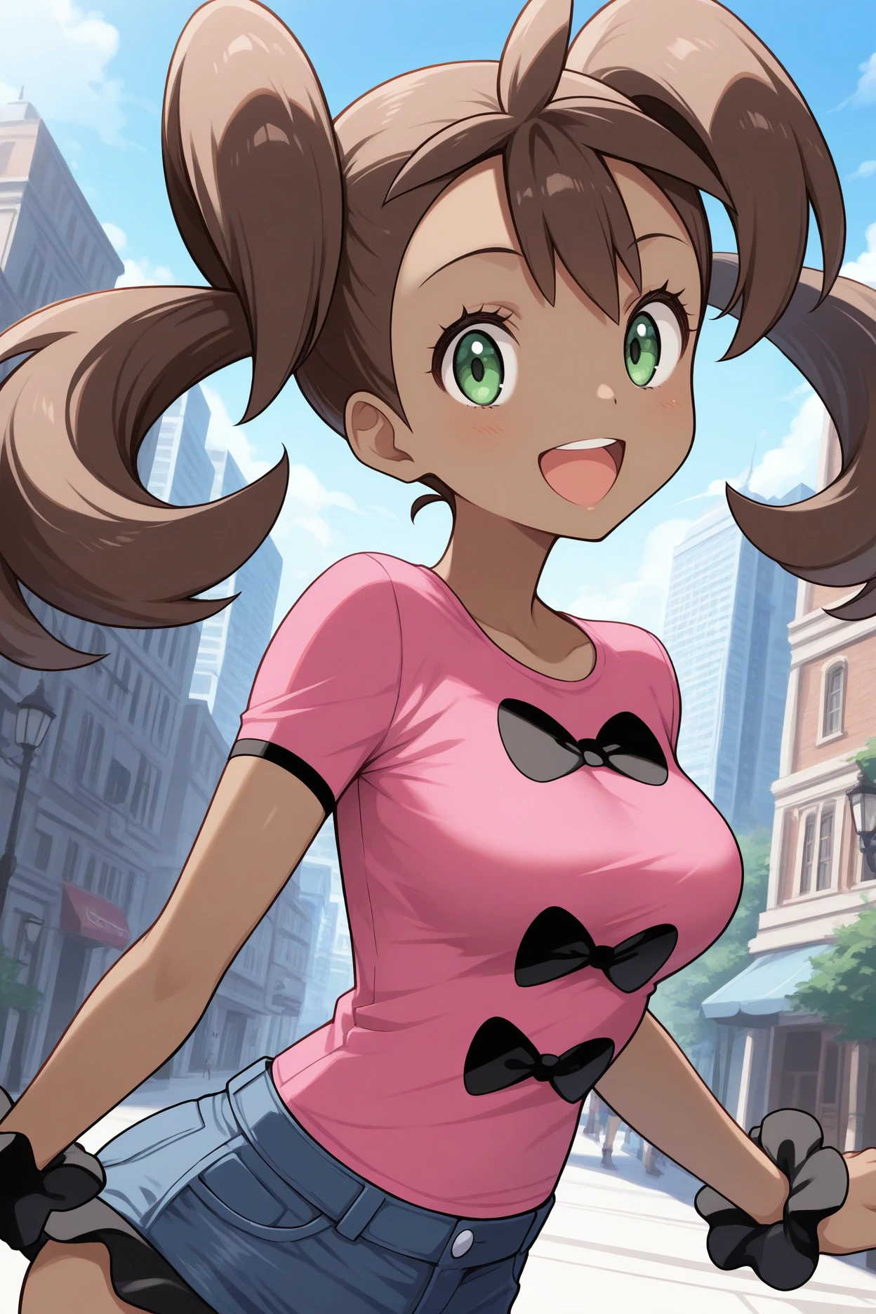 masterpiece, best quality, 1girl, solo, <lora:shauna-illu-nvwls-v1:1> pmnsn, dark-skinned female, twintails, brown hair, long hair, green eyes, pink shirt, bow print, short sleeves, denim shorts, wrist scrunchie, upper body, looking at viewer, smile, open mouth, upper teeth only, city, medium breasts, blue sky