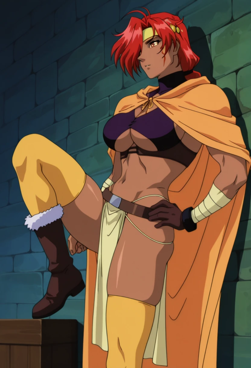 large breasts, thick thighs, vipergts,dark skin,horns,wings,pointy ears,demon girl,demon tail,red eyes, green hair, short hair, , shiny skin,, full body, pants, corsep, pullover,boots,vest,, staff holding, smile, full body, medieval village in europe
