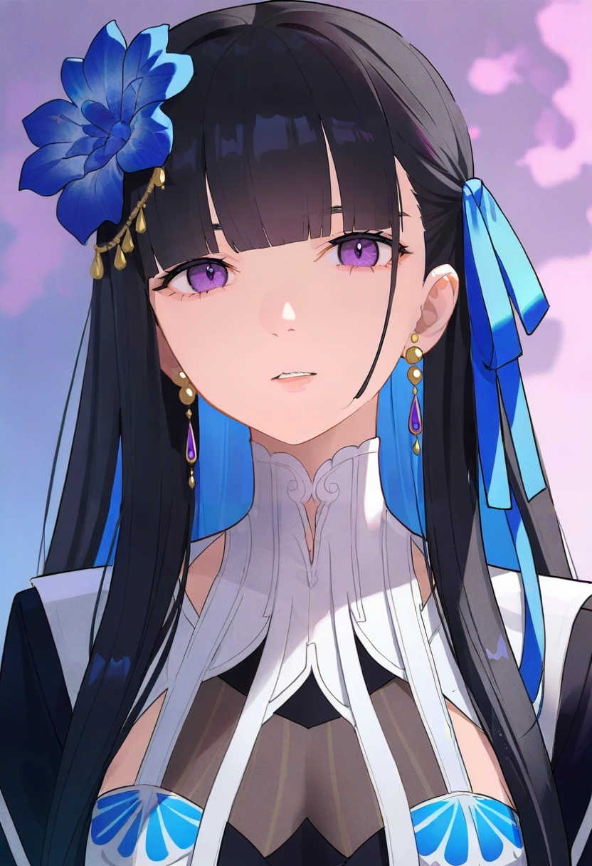 1girl, solo, black hair, long hair, hair ornament, purple eyes, flower, hair flower, looking at viewer, parted lips, bangs, upper body, ribbon, blue ribbon, hair ribbon, colored inner hair, blue flower, multicolored hair, blue hair, breasts, blunt bangs, jewelry, earrings <lora:dridXL_il1_lokr_V6311P:0.95>