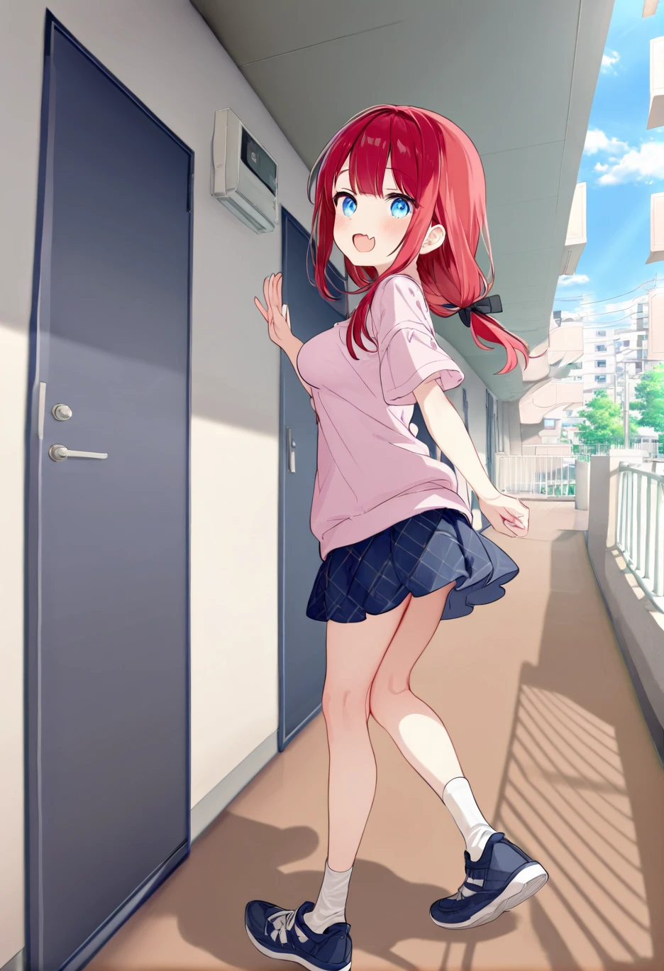 great quality,1girl,solo,almic,(akakura,ogipote,:0.75),(karlyn:0.7),,(apartment door,:1.1),great quality, brown ground, 1girl,, hallway, facing away,,Waving with enthusiasm,(from below:0.9),sumg,red hair,low ponytail,long hair,sideloskcs,skin fang,smug,blue eyes,petite,large medium breasts,(perky breasts,sagging breasts:0.8),Quilted skirtcasual,fashion,full body,scenery, shoes,socks.legs,pink shirt,brown footwear,black shorts,wall,outdoors,sky,tree,railing,shadow,sunlight