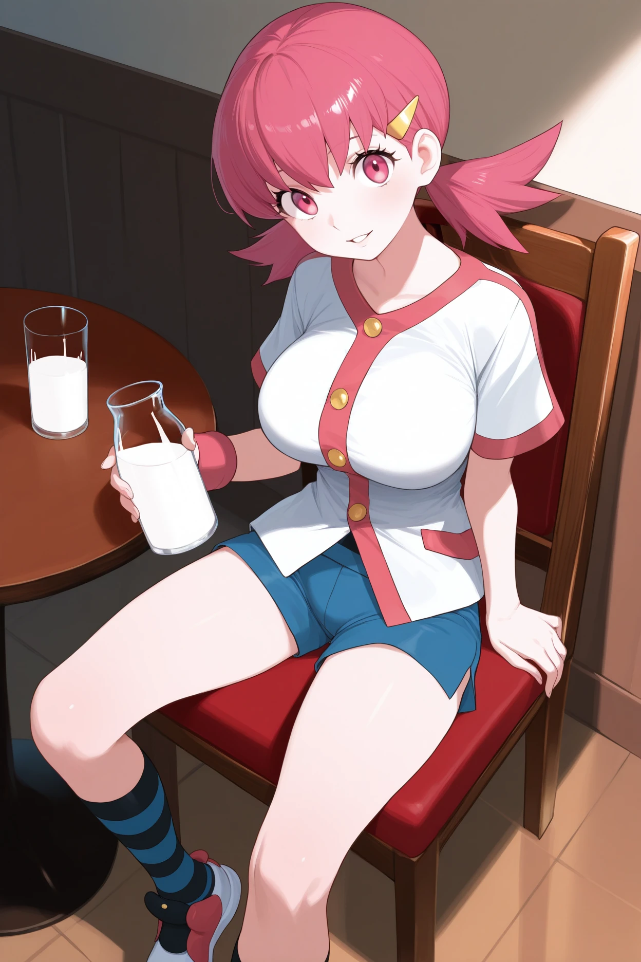 masterpiece, best quality, 1girl, solo, <lora:whitney-illu-nvwls-v1-000006:1> pkwtn, pink hair, low twintails, pink eyes, eyelashes, large breasts, gold hairclip, white shirt, buttons, short sleeves, single wristband, blue shorts, shorts shorts, striped socks, blue socks, black socks, sneakers, sitting, glass of milk, table, holding bottle of milk, happy, parted lips, looking at viewer, chair, indoors
