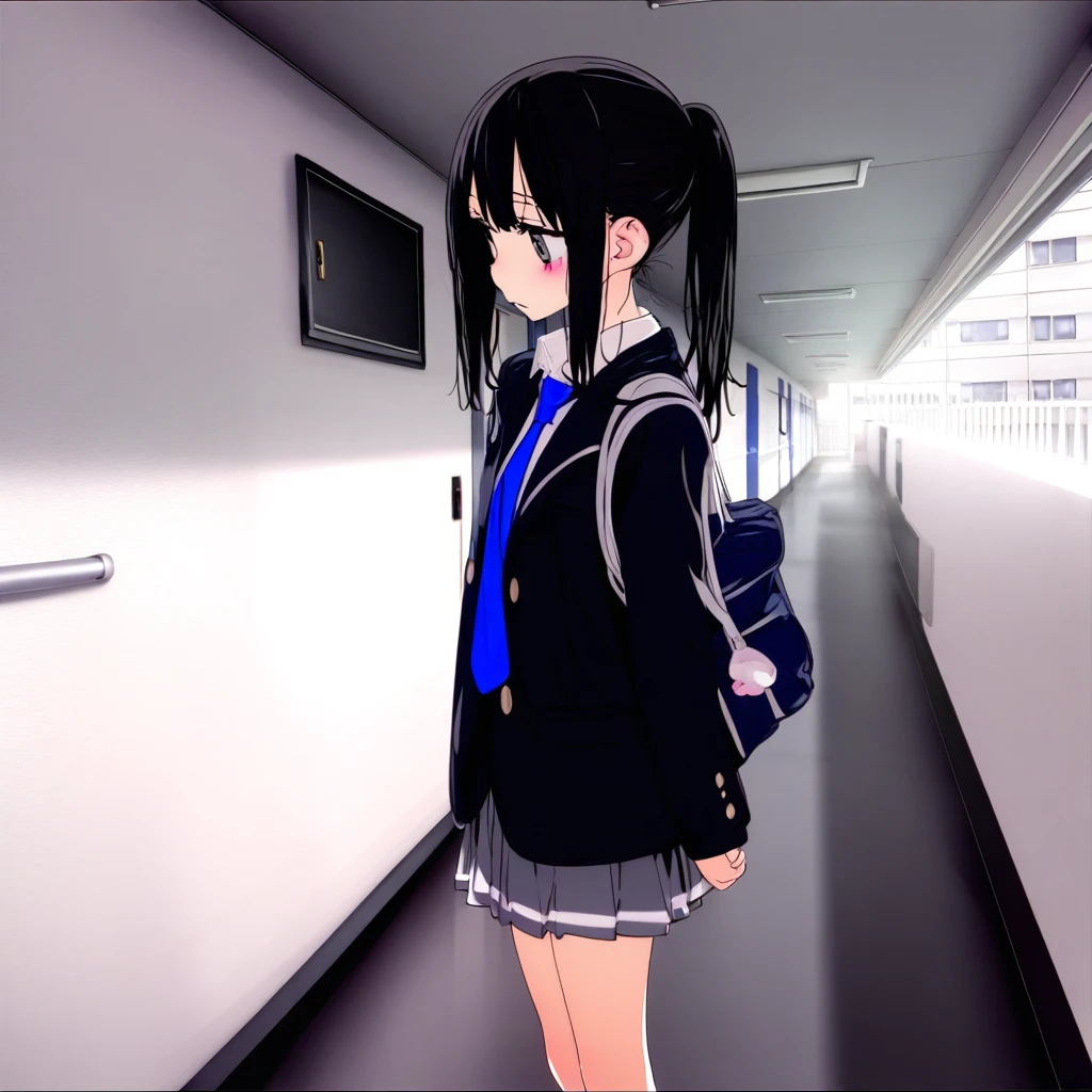 1girl, skirt, ponytail, hallway, solo, necktie, jacket, black hair, 1girl, skirt, ponytail, hallway, solo, necktie, jacket, black hair, blue necktie, shirt, collared shirt, black jacket, bag, white shirt, standing, grey ground,great quality,almic,akakura,ogipote,momisan,karyln