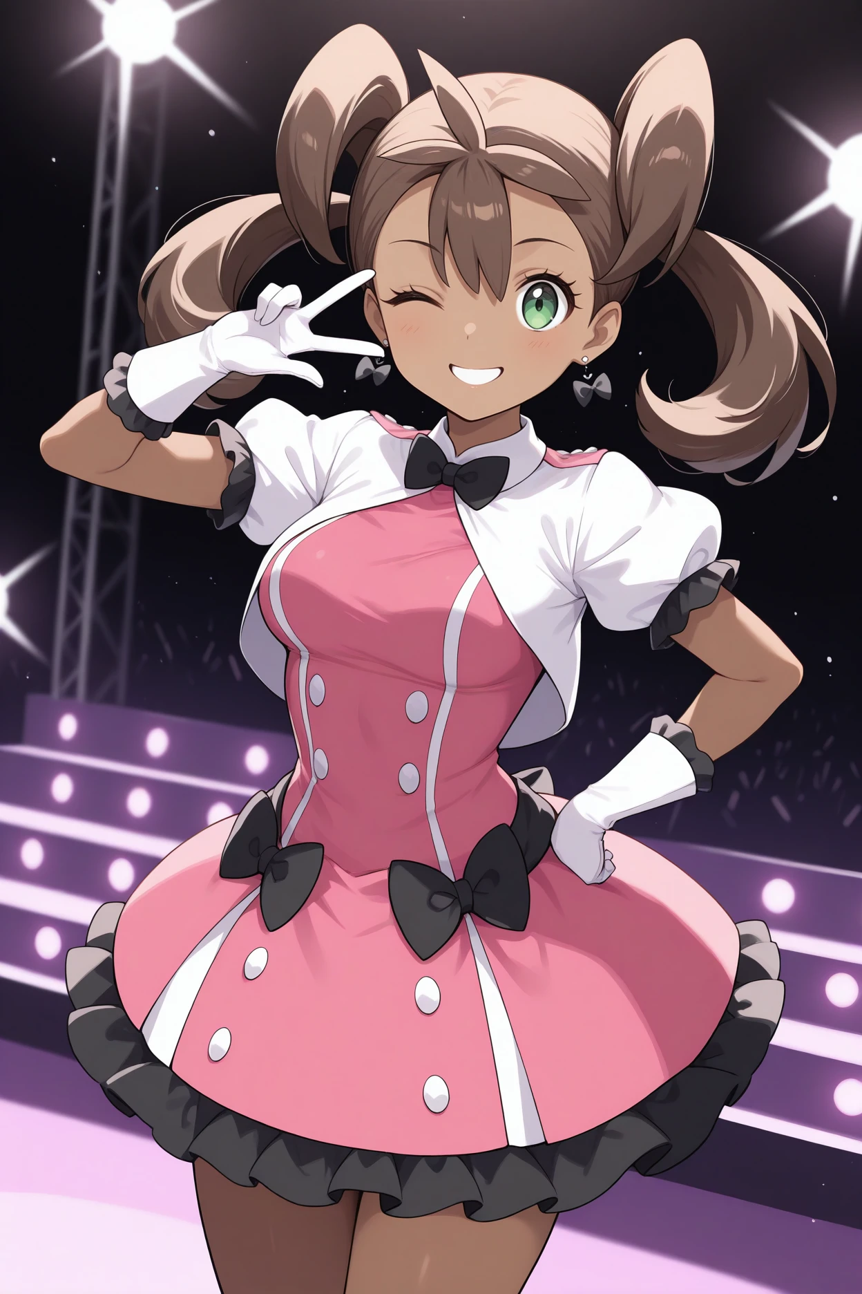 masterpiece, best quality, 1girl, solo, <lora:shauna-illu-nvwls-v1:1> pfrsn, dark-skinned female, twintails, brown hair, long hair, green eyes, bow earrings, white jacket, cropped jacket, puffy sleeves, short sleeves, pink dress, short dress, frills, thighs, white gloves, black bowtie, stage, medium breasts, smile, looking at viewer, hand on hip, wink, peace sign