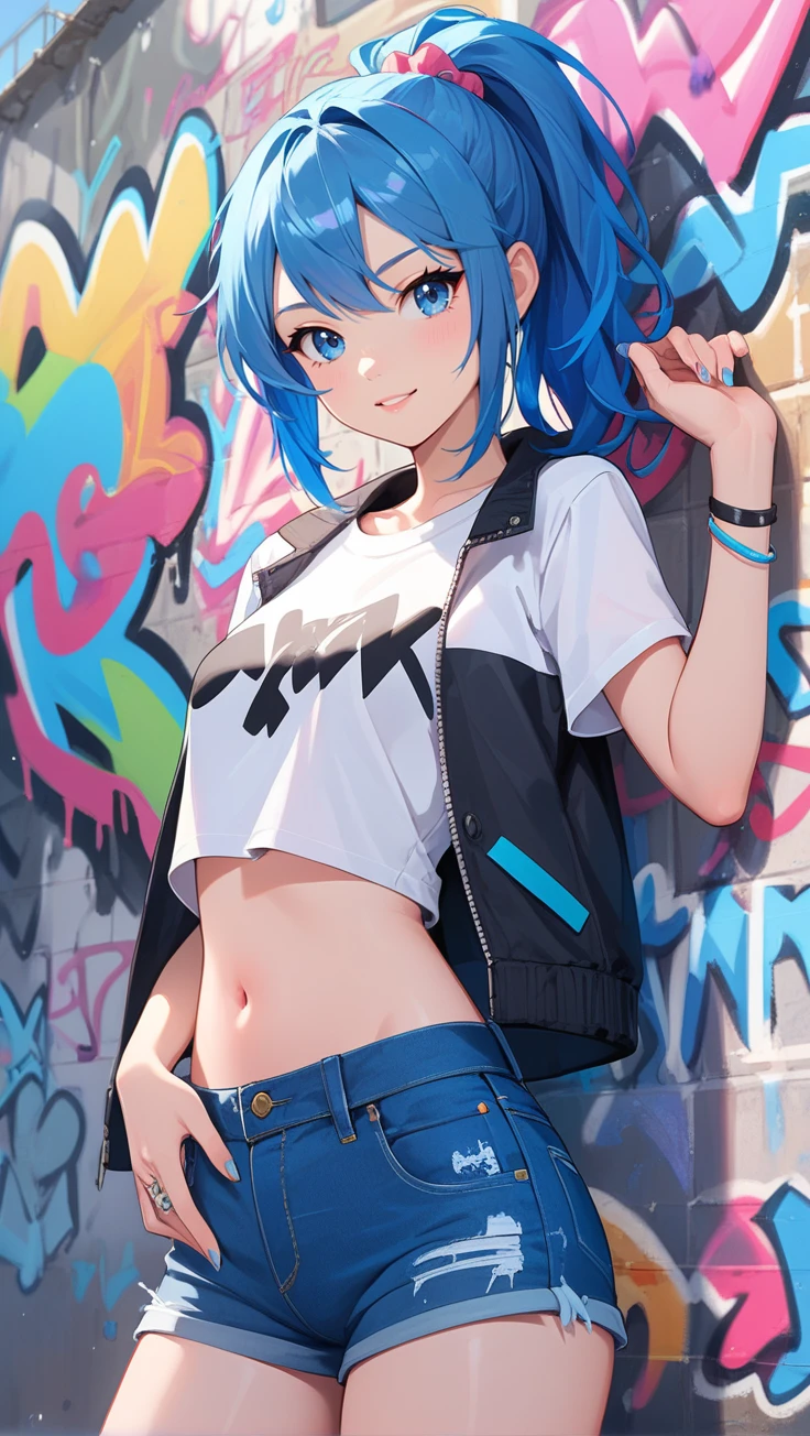 score 9, score 8 up, score 7 up,1girl, shorts, solo, navel, blue hair, blue eyes, denim, denim shorts, ponytail, graffiti