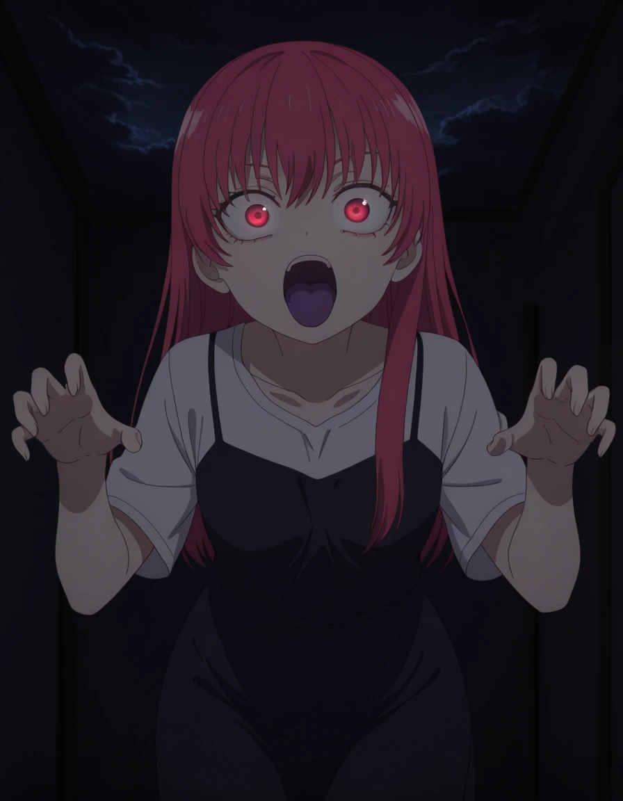 masterpiece, best quality, amazing quality,, <lora:saki-saki-s2-illustriousxl-lora-nochekaiser:1>, saki saki, long hair, bangs, red eyes, red hair, mature female, small breasts, anime screencap, <lora:ghost-pose-illustriousxl-lora-nochekaiser:1>, ghost pose, ghost, purple tongue, open mouth, tongue, hands up, indoors, night, night sky, dark, horror (theme), cloud, dark cloud, dim lighting, dark room, backlighting, cowboy shot, ,