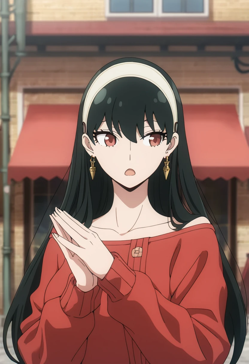masterpiece, best quality, good quality, very awa, newest, highres, absurdres,outdoors,YorForger-SpyxFamily,Yor Forger \(Spy x Family\), 1girl, solo, long hair, open mouth, bangs, black hair, red eyes, jewelry, collarbone, upper body, hairband, earrings, off shoulder, sweater, looking to the side, own hands together, white hairband, red sweater, red outfit
,<lora:Yor Forger (Spy x Family) Illustrious v2:0.8>