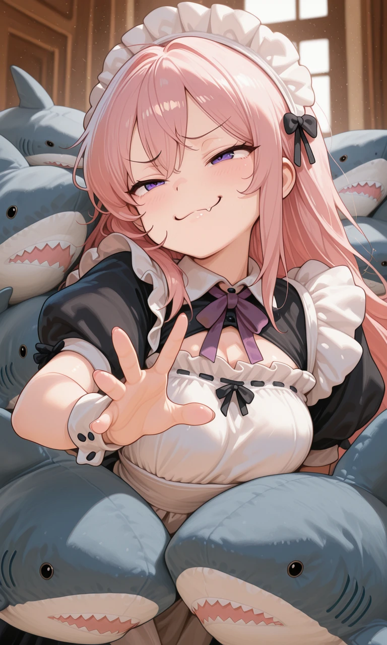 embedding:IllusP0s, stuffed shark, reaching, 1girl, pink hair, purple eyes, maid outfit, smug,<lora:blahaj swarm_Illustrious.safetensors:1.0:1.0> <lora:CivChan.safetensors:0.8:0.8>