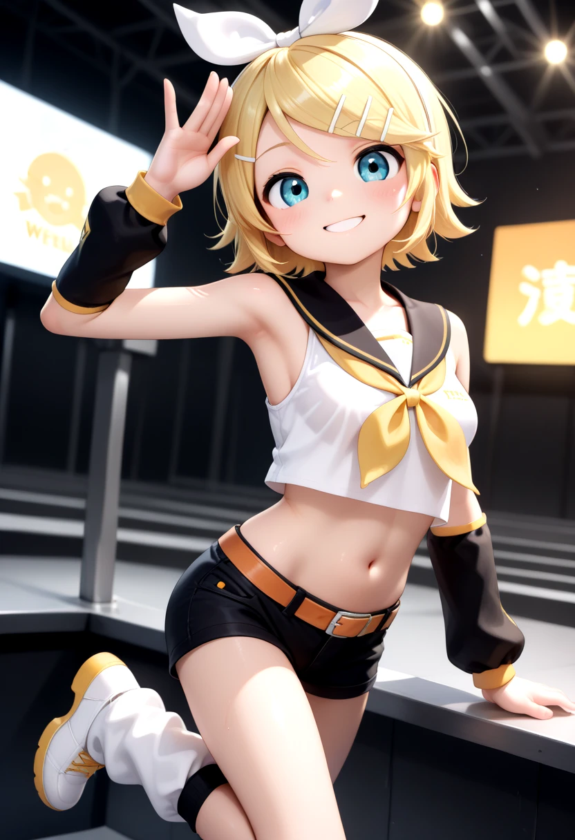 (masterpiece),best quality,amazing quality,very aesthetic,absurdres,newest,perfect body,shiny skin,perfect eyes,detail1eye,well-defined fingers,well-defined fingernails,anime style,indoors,1girl,solo,looking at viewer,facing viewer,smile,blush,kagamine rin,short hair,blonde hair,floating hair,white hairband,hair bow,white bow,hairclip,swept bangs,blue eyes,collarbone,bare shoulders,black sailor collar,white, petite,shirt,sleeveless shirt,crop top,midriff,yellow neckerchief,black sleeves,detached sleeves,medium breasts,navel,stomach,orange belt,fringe,short shorts,black shorts,leg warmers,white footwear, stage, music festival, one hand raised above head, standing on one leg, leg warmer, colorful stage lighting, <lora:IL/Kagamine Rin(voc)-Illus-Remake:0.7000000000000001>