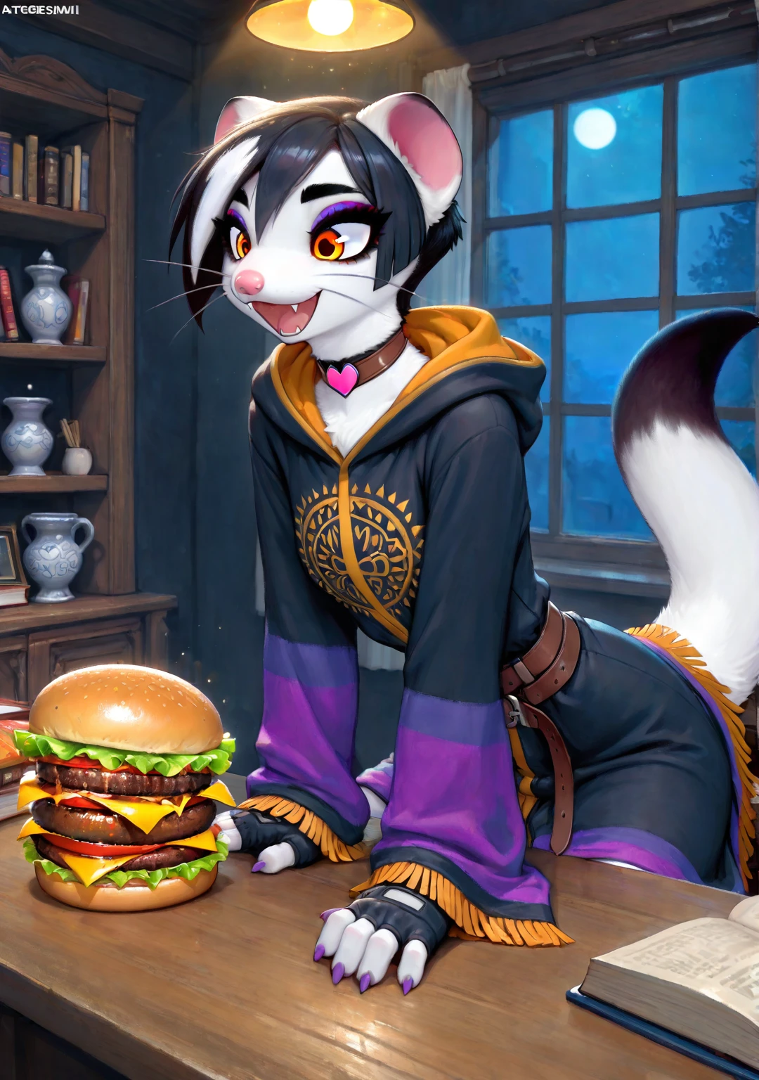 masterpiece,best quality,amazing quality, smari3, 1girl, solo, furry female, pink nose, whiskers, shiny hair, white fur, amber eyes, eyeshadow, eyeliner, thick eyebrows, (very short hair, fringe bangs, black hair, streaked hair, white streaks), white body fur, body fur, black ear tips, (weasel tail, white tail, black tail tip), heart choker, paws, small claws, purple claws, skinny, narrow waist, (hooded robe, multicolor robe, embroidered, long sleeves, brown belt), fingerless gloves, :d, fangs, sparkling eyes, wide eyed, indoors, magic crystal, burger, sitting, hands on table, shelves, books, urn, hanging light, night, window, dark skies