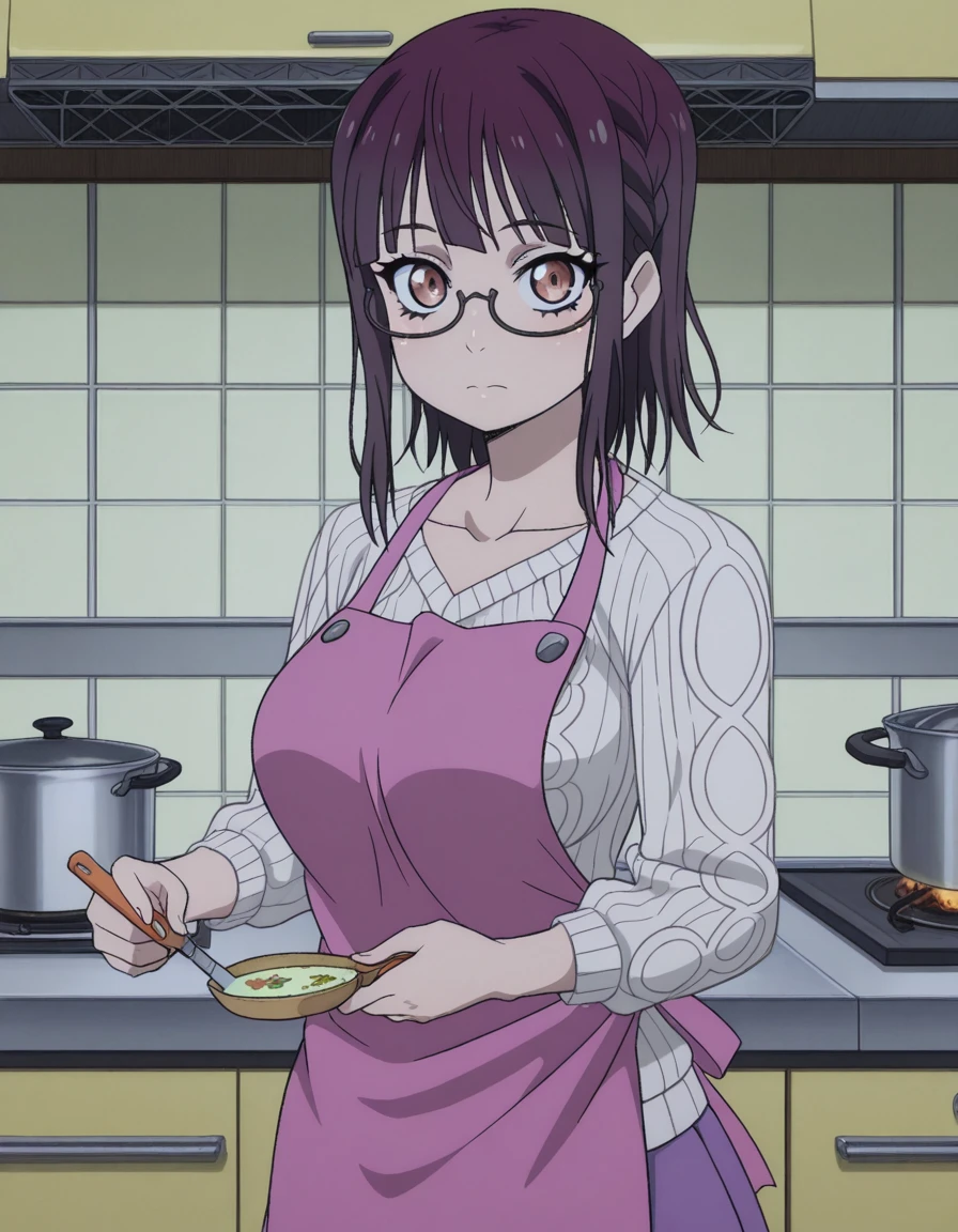 masterpiece, best quality, amazing quality,, <lora:sumika-fujimiya-s1-illustriousxl-lora-nochekaiser:1>, sumika fujimiya, brown eyes, purple hair, braid, glasses, semi-rimless eyewear, under-rim eyewear, mature female, breasts, anime screencap, sweater, long sleeves, collarbone, skirt, purple skirt,, v,, kitchen, cooking, apron, cutting vegetables, home cooking, cowboy shot, solo, looking at viewer,