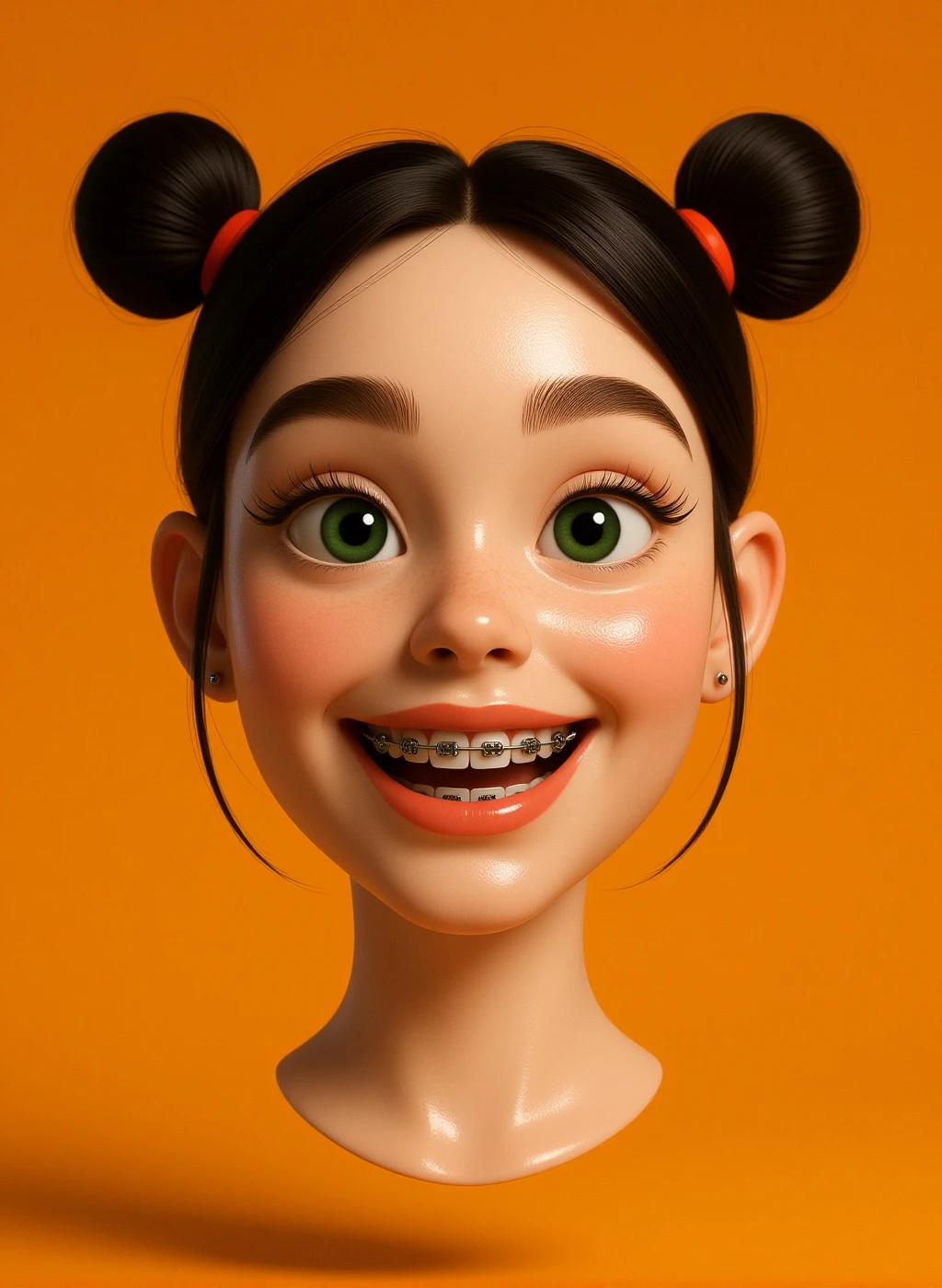 h3adfl0at a floating 3D head of a girl with braces smiling with pigtails and green eyes, orange background