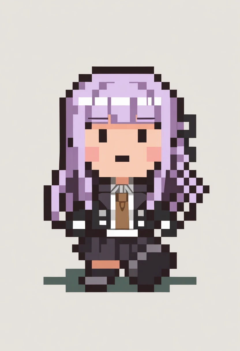 masterpiece, best quality, 1girl, :t, <lora:EarthboundSprites-illu:1> solo, chibi, pixel art, full body, simple background, walking, solid circle eyes, <lora:danganronpathh_kirigiri_illustriousXL:1> ky0kodef, long hair, purple hair, blunt bangs, single braid, side braid, hair ribbon, black ribbon, black jacket, open jacket, long sleeves, white shirt, collared shirt, brown necktie, black gloves, black skirt, pleated skirt, miniskirt
