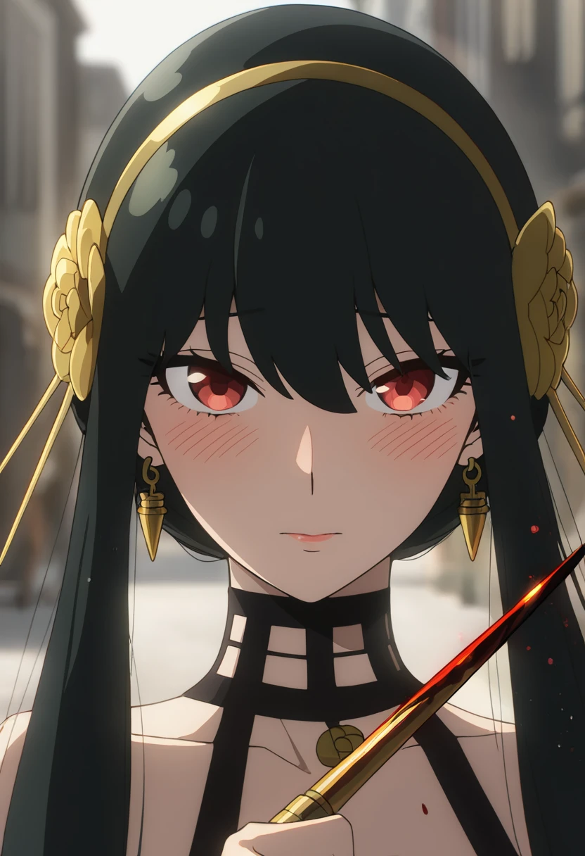 masterpiece, best quality, good quality, very awa, newest, highres, absurdres,outdoors,YorForger-SpyxFamily,Yor Forger \(Spy x Family\), 1girl, solo, looking at viewer, blush, bangs, black hair, hair ornament, red eyes, holding, jewelry, closed mouth, weapon, flower, sidelocks, hairband, earrings, hair flower, holding weapon, blurry, blood, blurry background, knife, portrait, close-up, blood on weapon, gold earrings, black outfit, golden stilettos, holding golden stilettos
,<lora:Yor Forger (Spy x Family) Illustrious v3:0.8>